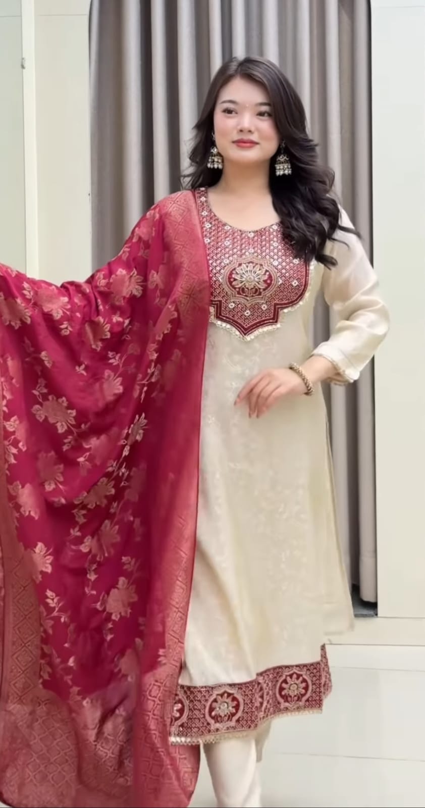 Cream Banarasi Party Wear Kurti Pant Dupatta Set