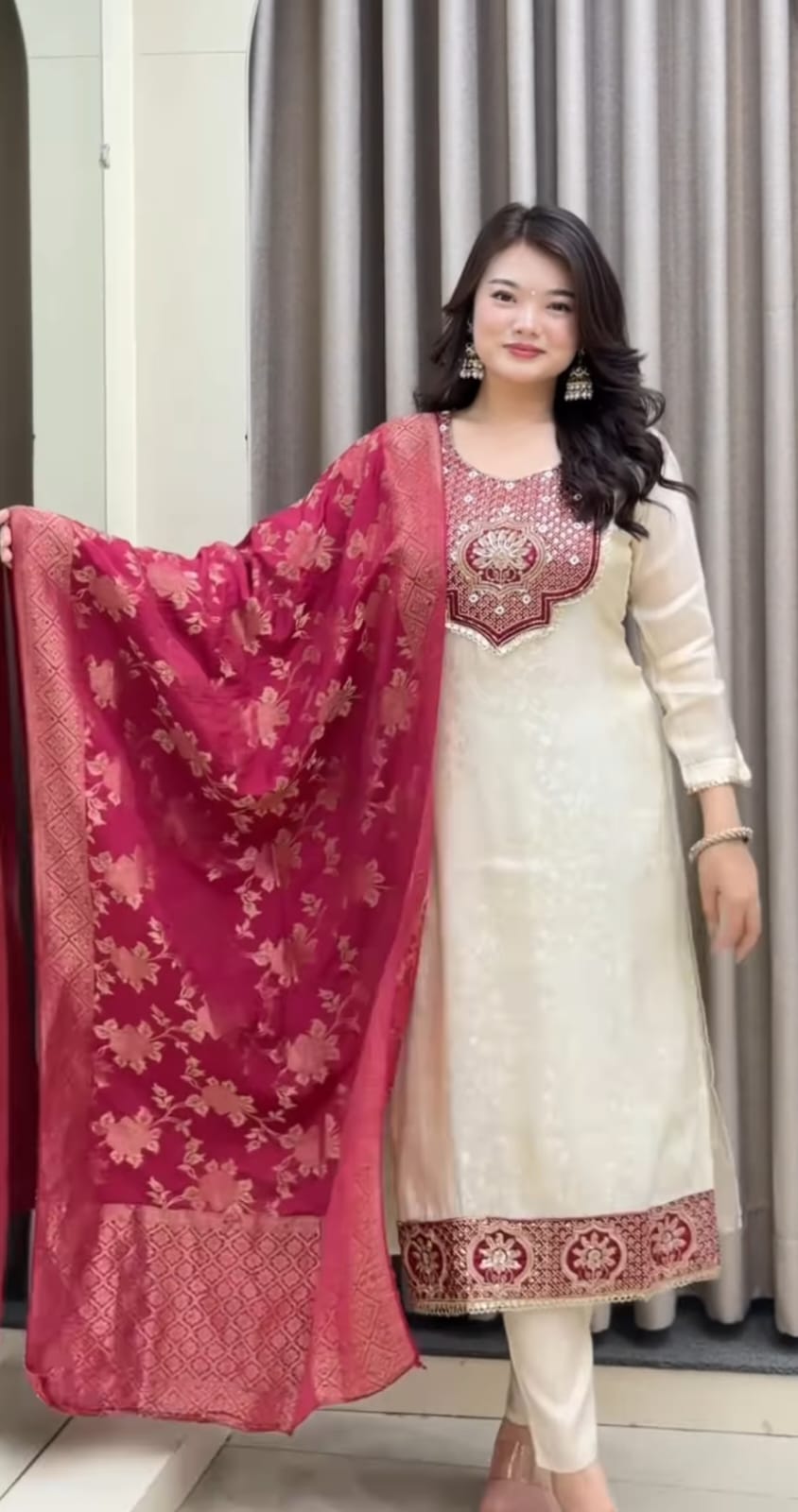 Cream Banarasi Party Wear Kurti Pant Dupatta Set
