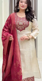 Cream Banarasi Party Wear Kurti Pant Dupatta Set