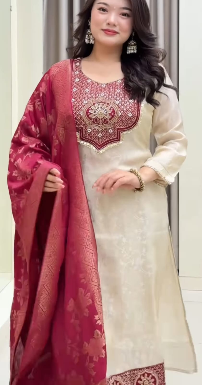 Cream Banarasi Party Wear Kurti Pant Dupatta Set