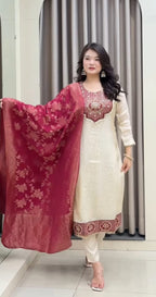 Cream Banarasi Party Wear Kurti Pant Dupatta Set