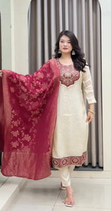Cream Banarasi Party Wear Kurti Pant Dupatta Set