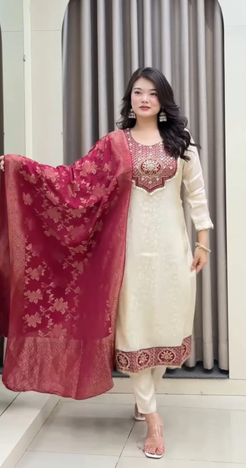 Cream Banarasi Party Wear Kurti Pant Dupatta Set