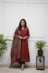 Jaipuri Cotton Anarkali Kurti Pant Dupatta Set – Block Print