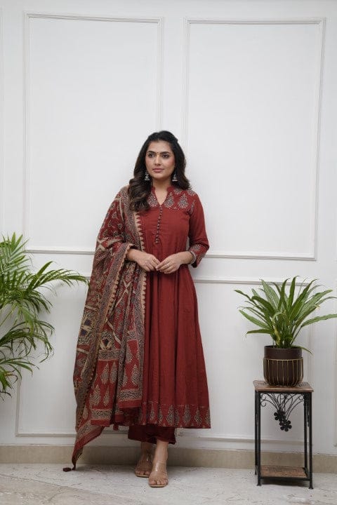 Jaipuri Cotton Anarkali Kurti Pant Dupatta Set – Block Print