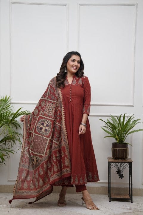 Jaipuri Cotton Anarkali Kurti Pant Dupatta Set – Block Print