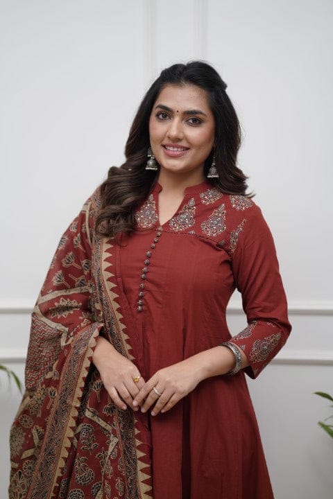 Jaipuri Cotton Anarkali Kurti Pant Dupatta Set – Block Print