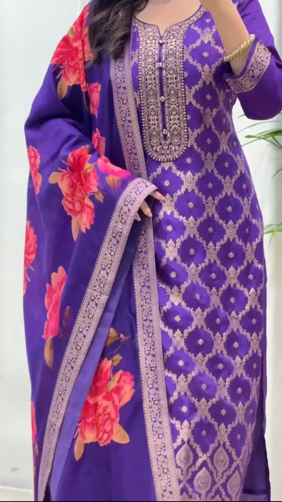 Purple Banarasi Zari Kurti Pant Dupatta Set for Women