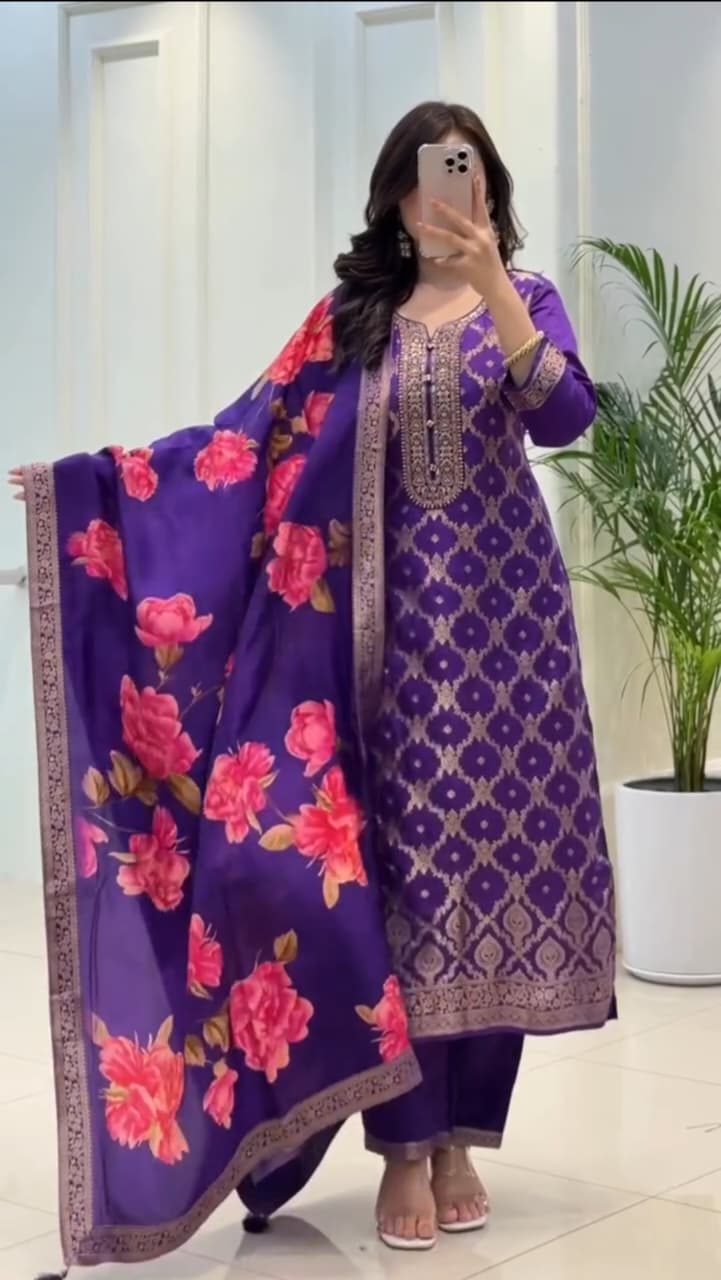 Purple Banarasi Zari Kurti Pant Dupatta Set for Women
