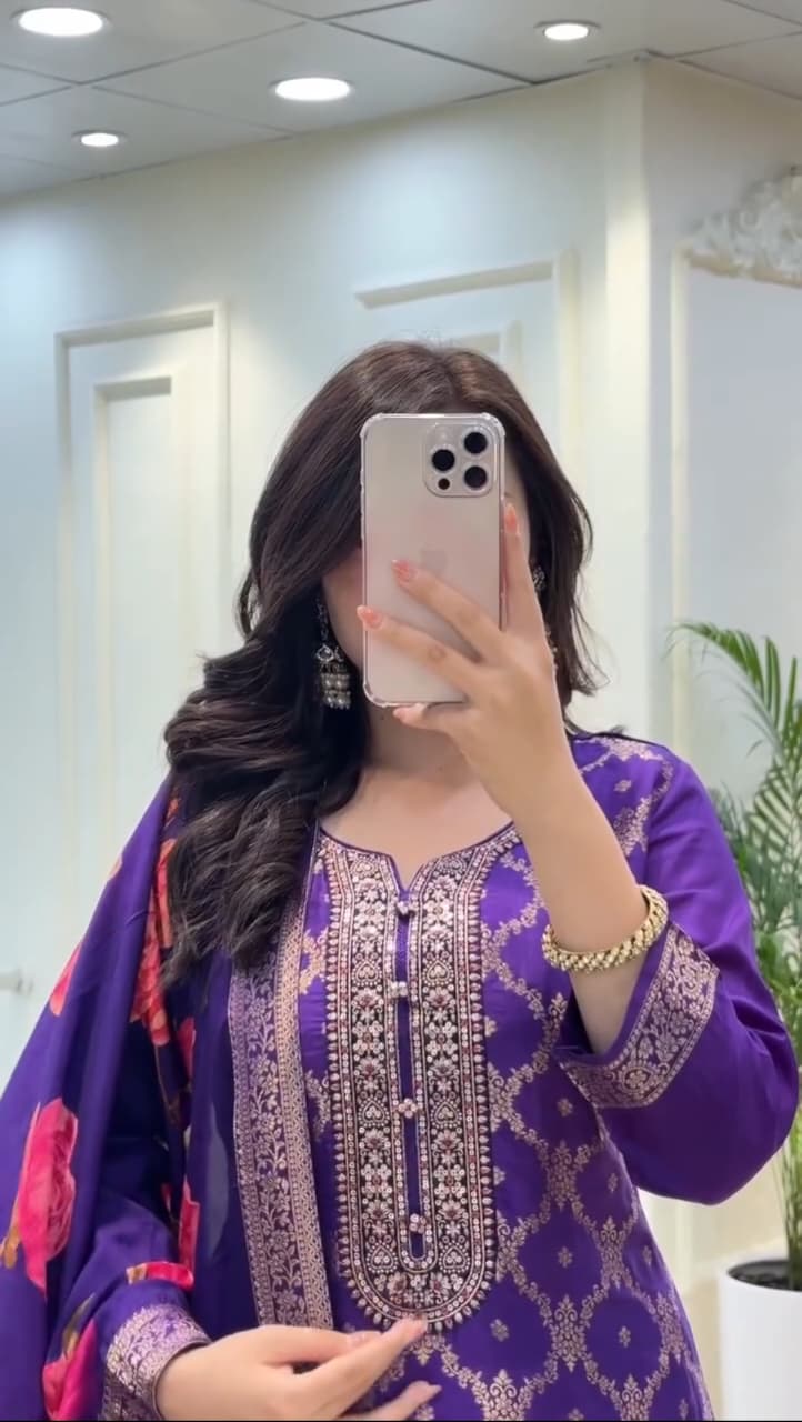 Purple Banarasi Zari Kurti Pant Dupatta Set for Women