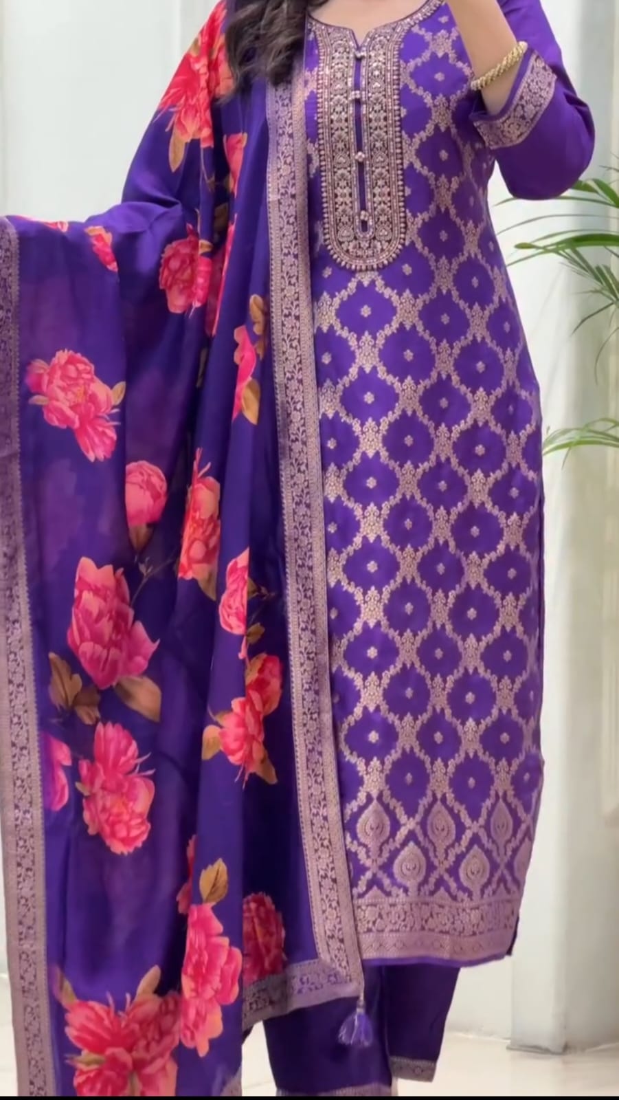 Purple Banarasi Zari Kurti Pant Dupatta Set for Women
