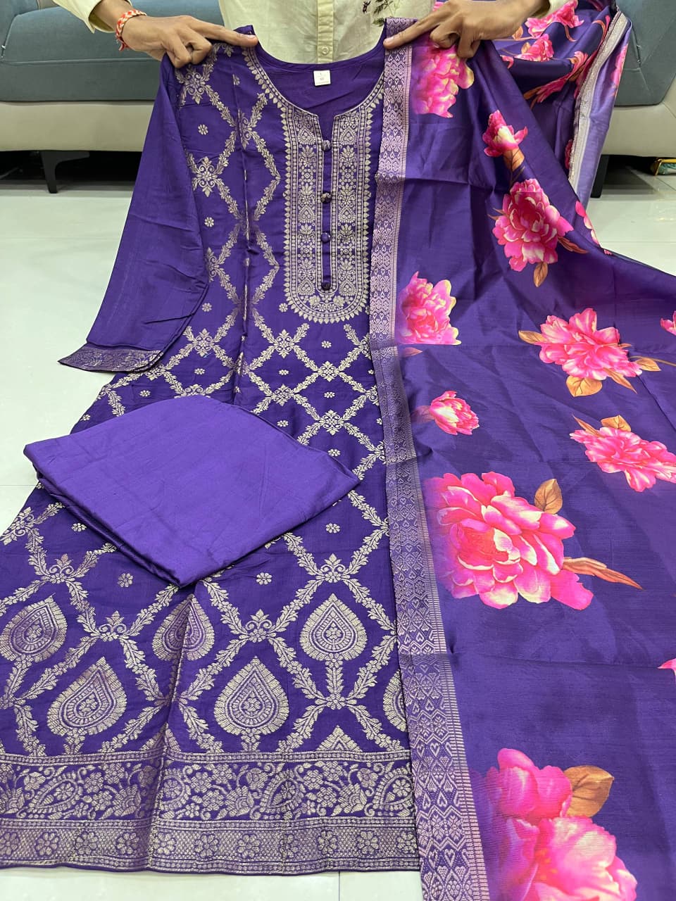 Purple Banarasi Zari Kurti Pant Dupatta Set for Women