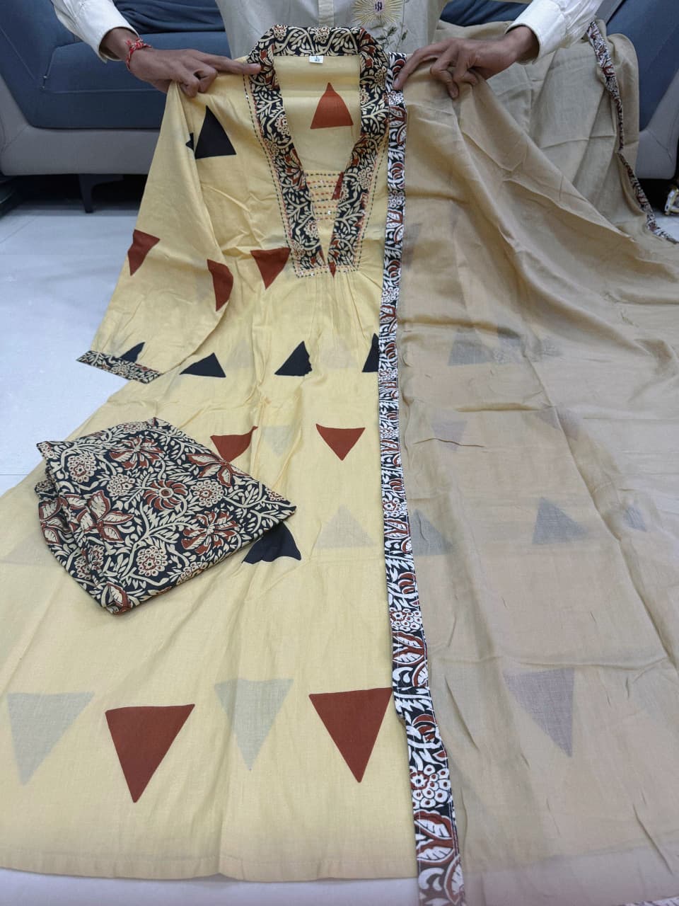 Kalamkari Pure Cotton Kurti Pant Dupatta Set for Women