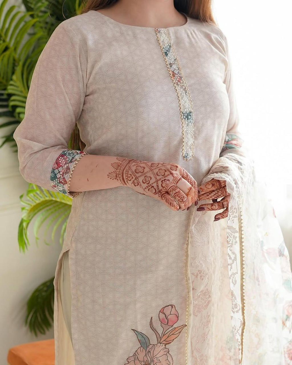Beige Floral Printed Kurti Pant Dupatta Set for Women | Festive Wear Unity Designer