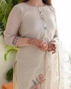 Beige Floral Printed Kurti Pant Dupatta Set for Women | Festive Wear Unity Designer