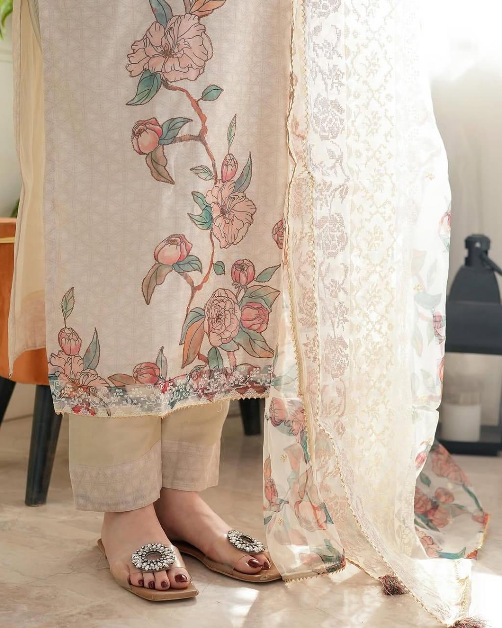 Beige Floral Ethnic Suit Set for Women with Dupatta | Unity Designer