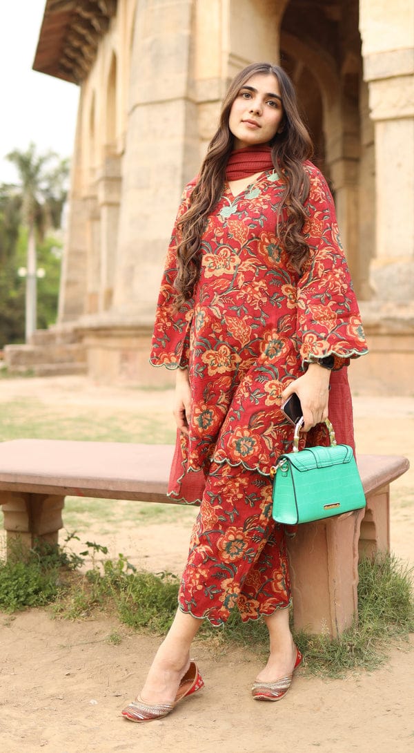 Pure Cotton 60x60 Printed Suit Set for Women | Embroidery Neck Kurti Pant Dupatta Set