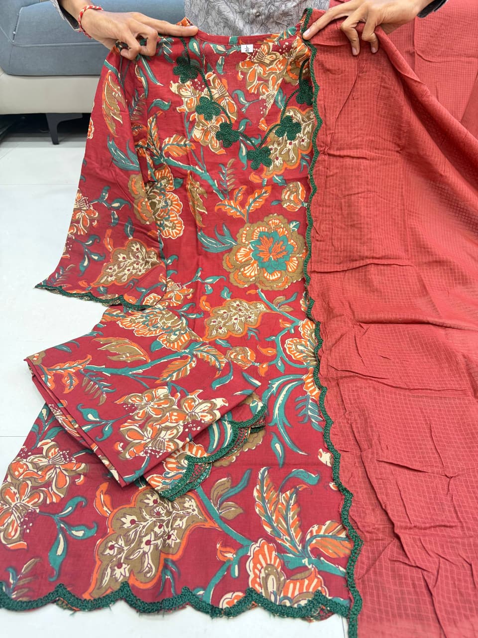 Pure Cotton 60x60 Printed Suit Set for Women | Embroidery Neck Kurti Pant Dupatta Set