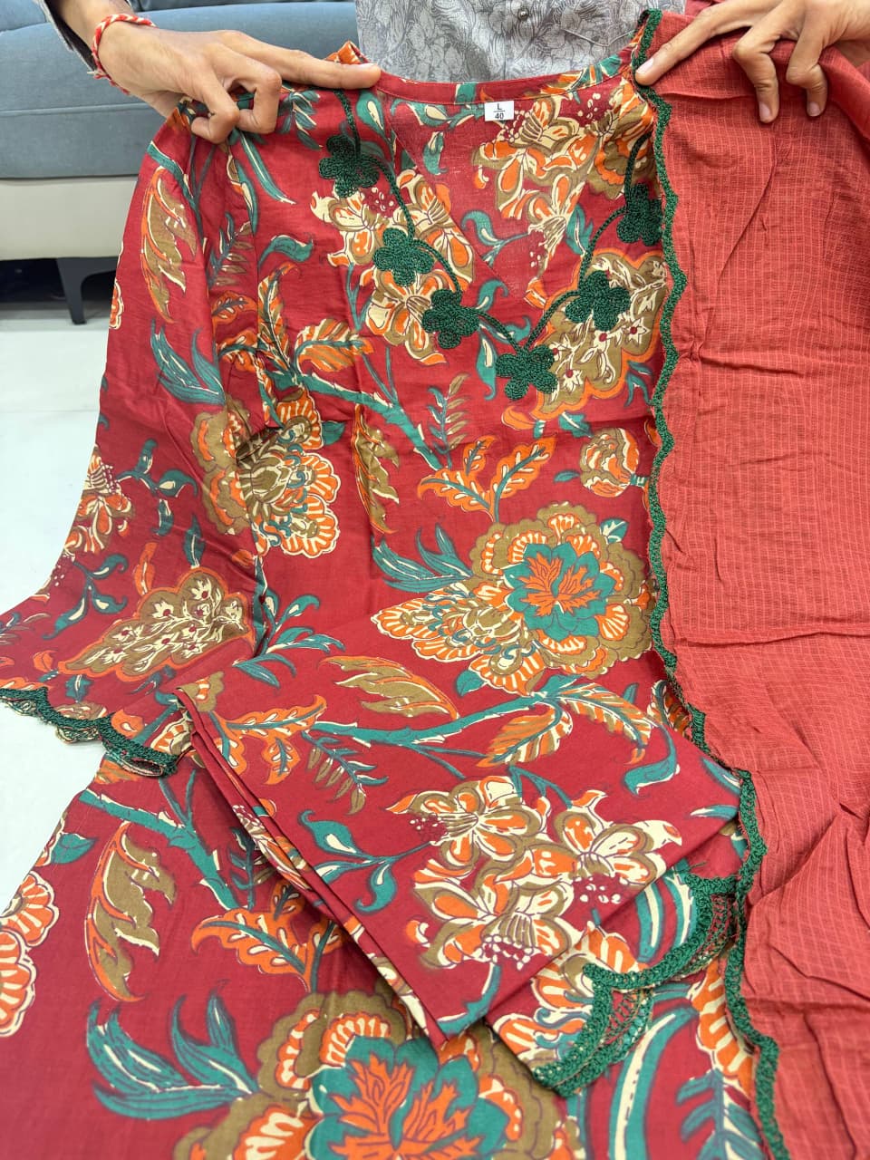 Pure Cotton 60x60 Printed Suit Set for Women | Embroidery Neck Kurti Pant Dupatta Set