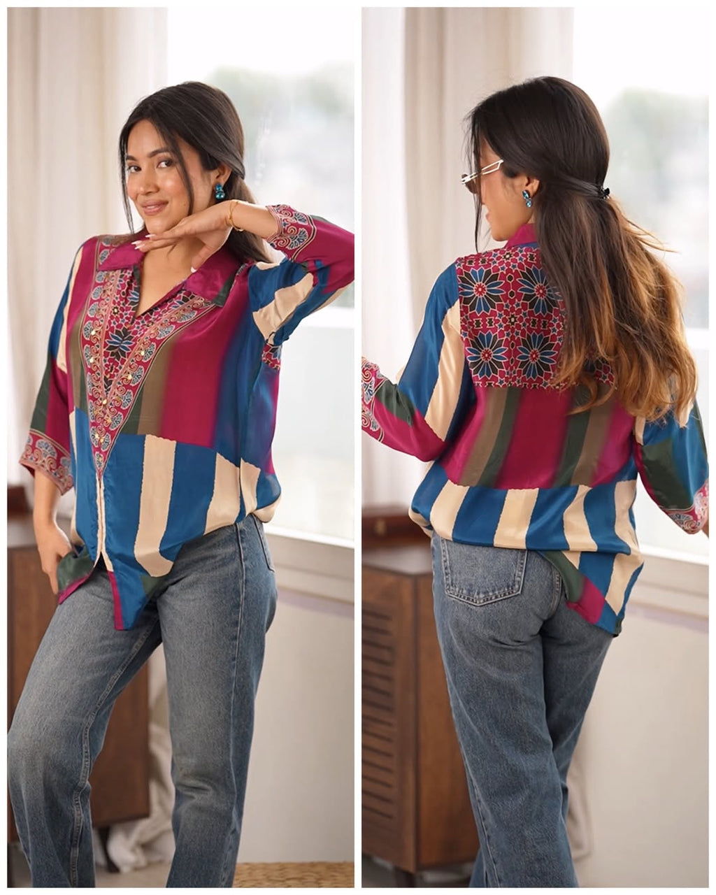 Blue & Beige Ajrakh Printed Crepe Satin Shirt for Women | Designer Casual Top