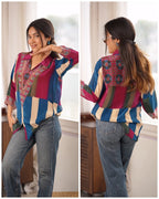 Blue & Beige Ajrakh Printed Crepe Satin Shirt for Women | Designer Casual Top