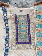 Cream Lilac Silk Kurti Pant Dupatta Set with Mirror Work