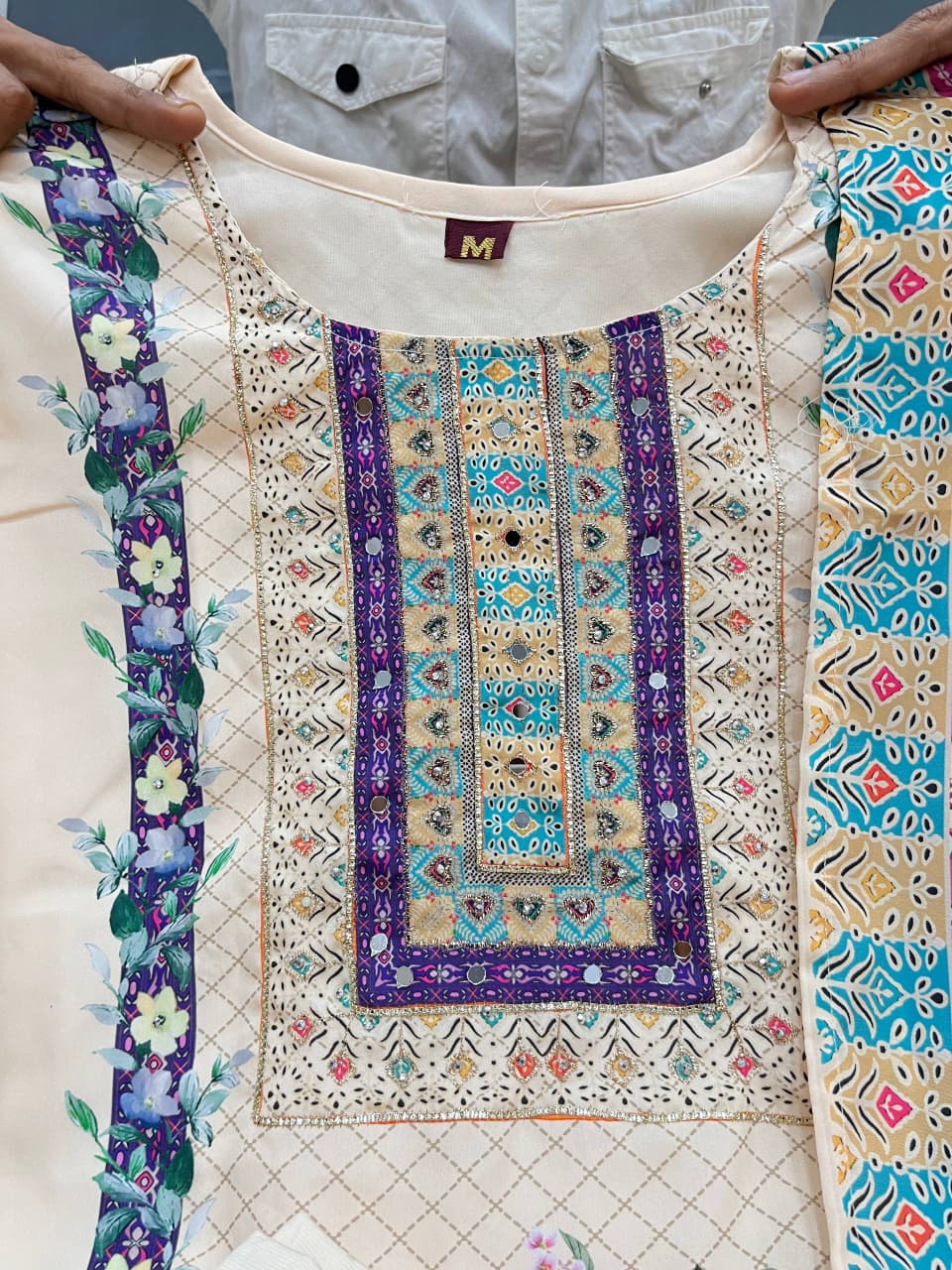 Cream Lilac Silk Kurti Pant Dupatta Set with Mirror Work