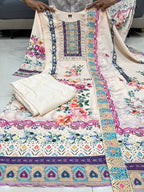 Cream Lilac Silk Kurti Pant Dupatta Set with Mirror Work