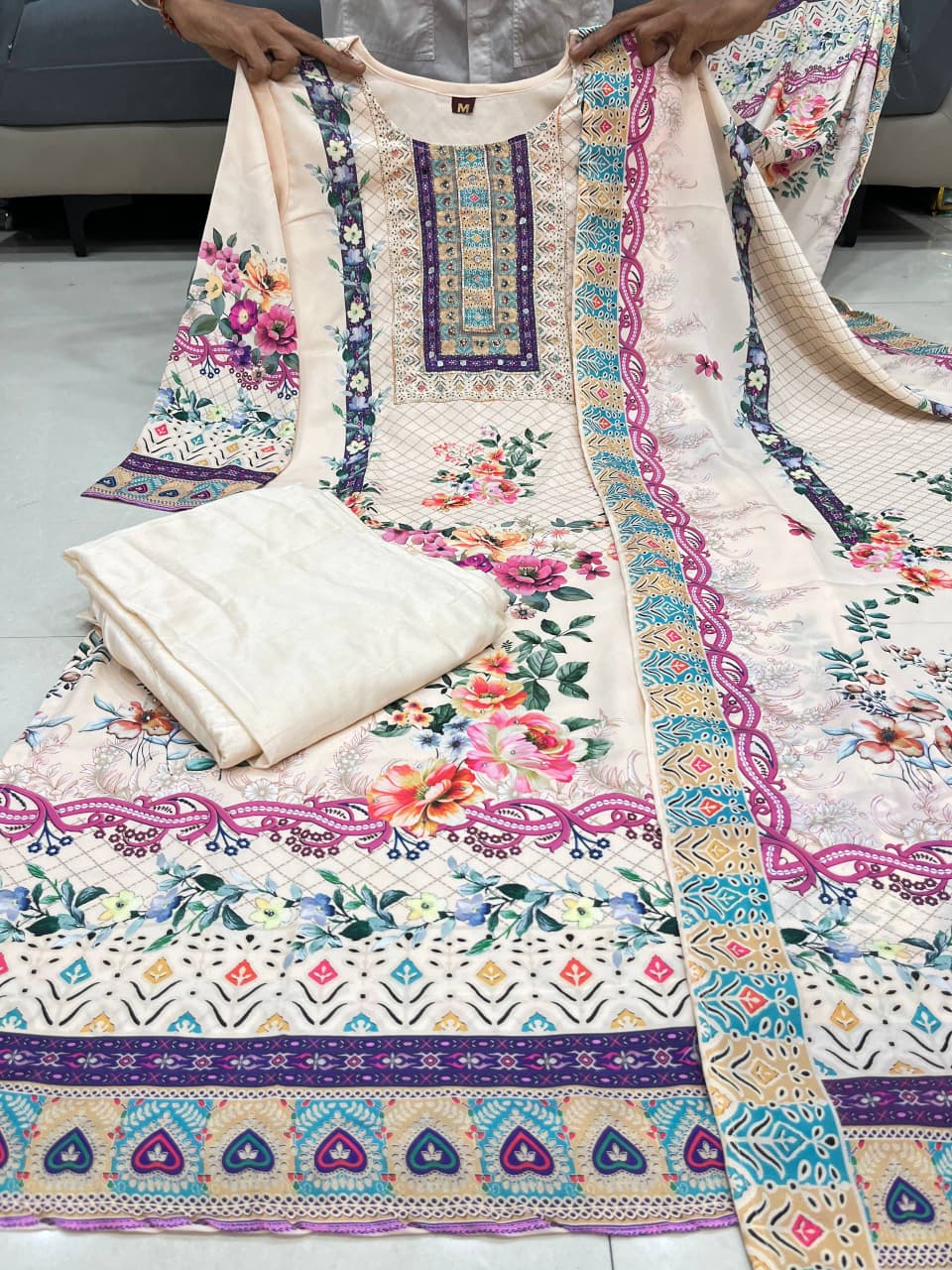 Cream Lilac Silk Kurti Pant Dupatta Set with Mirror Work