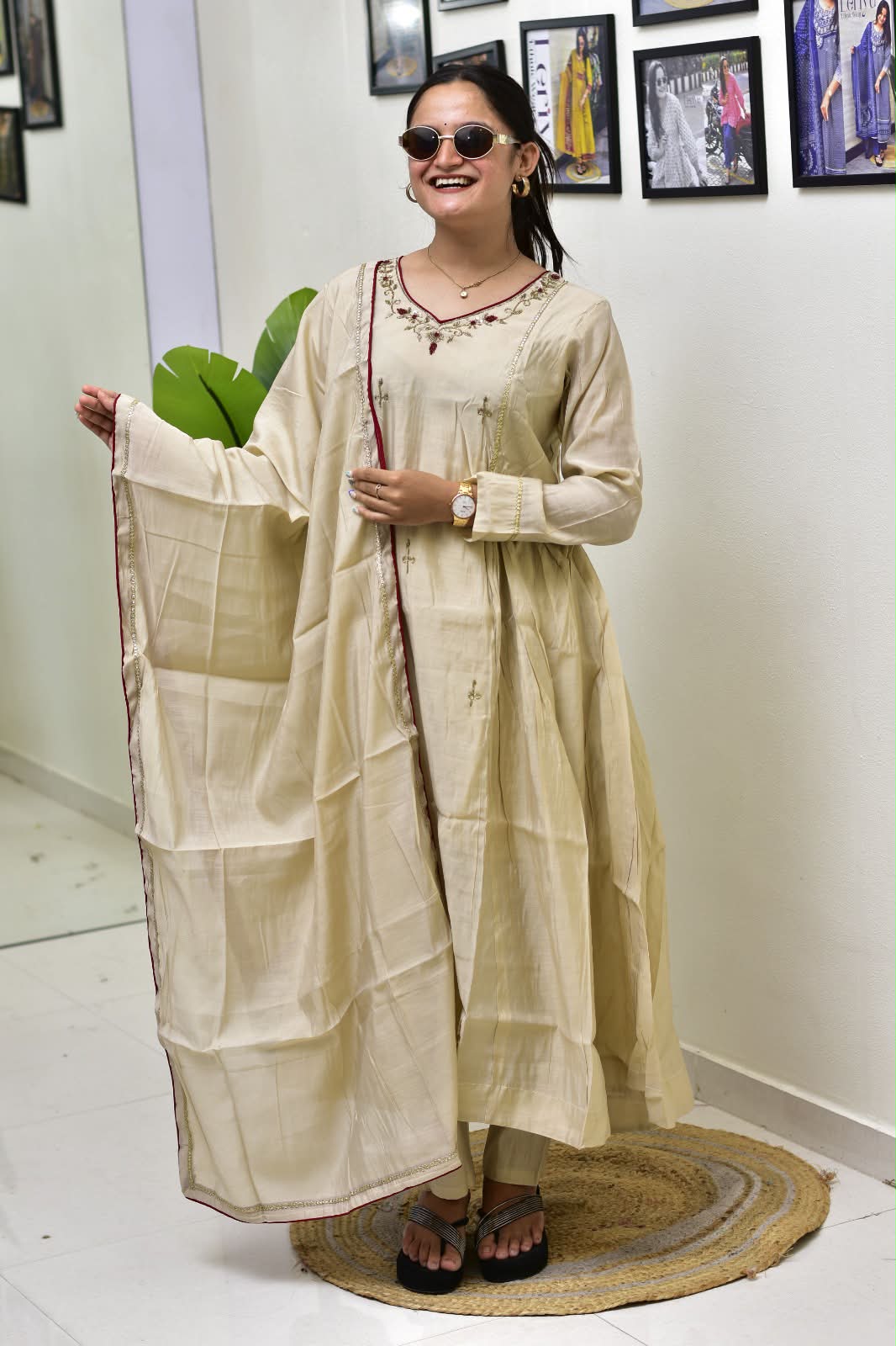 Premium Mul Chanderi Anarkali Suit Set for Women | Embroidered Kurta Pant Dupatta Set