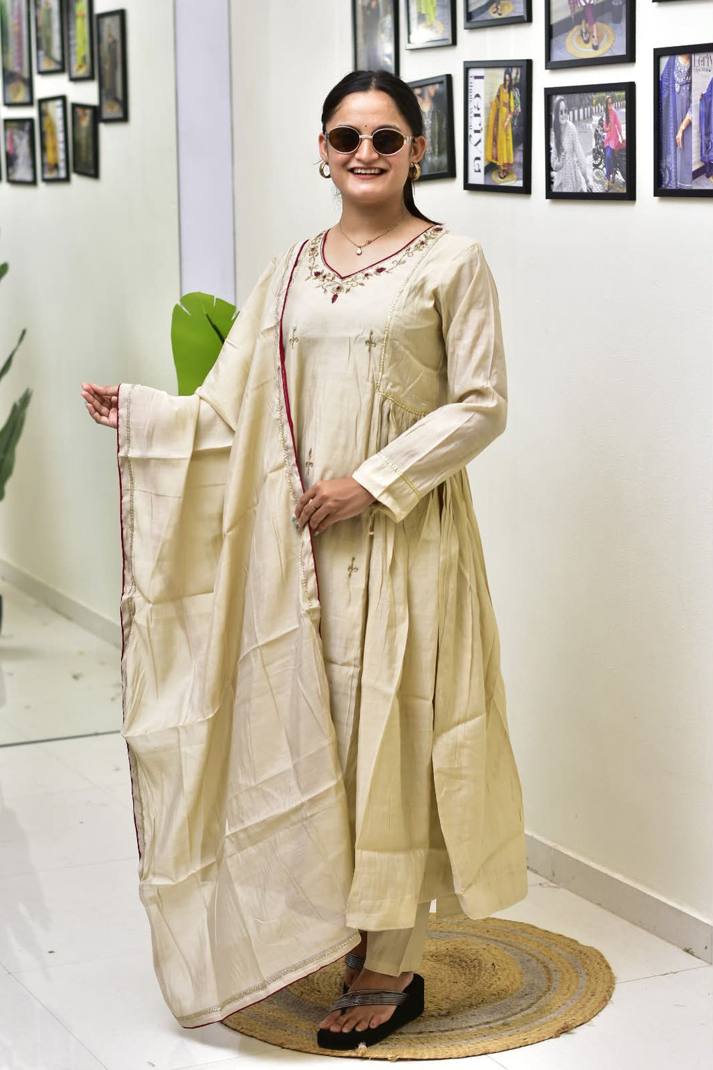 Premium Mul Chanderi Anarkali Suit Set for Women | Embroidered Kurta Pant Dupatta Set