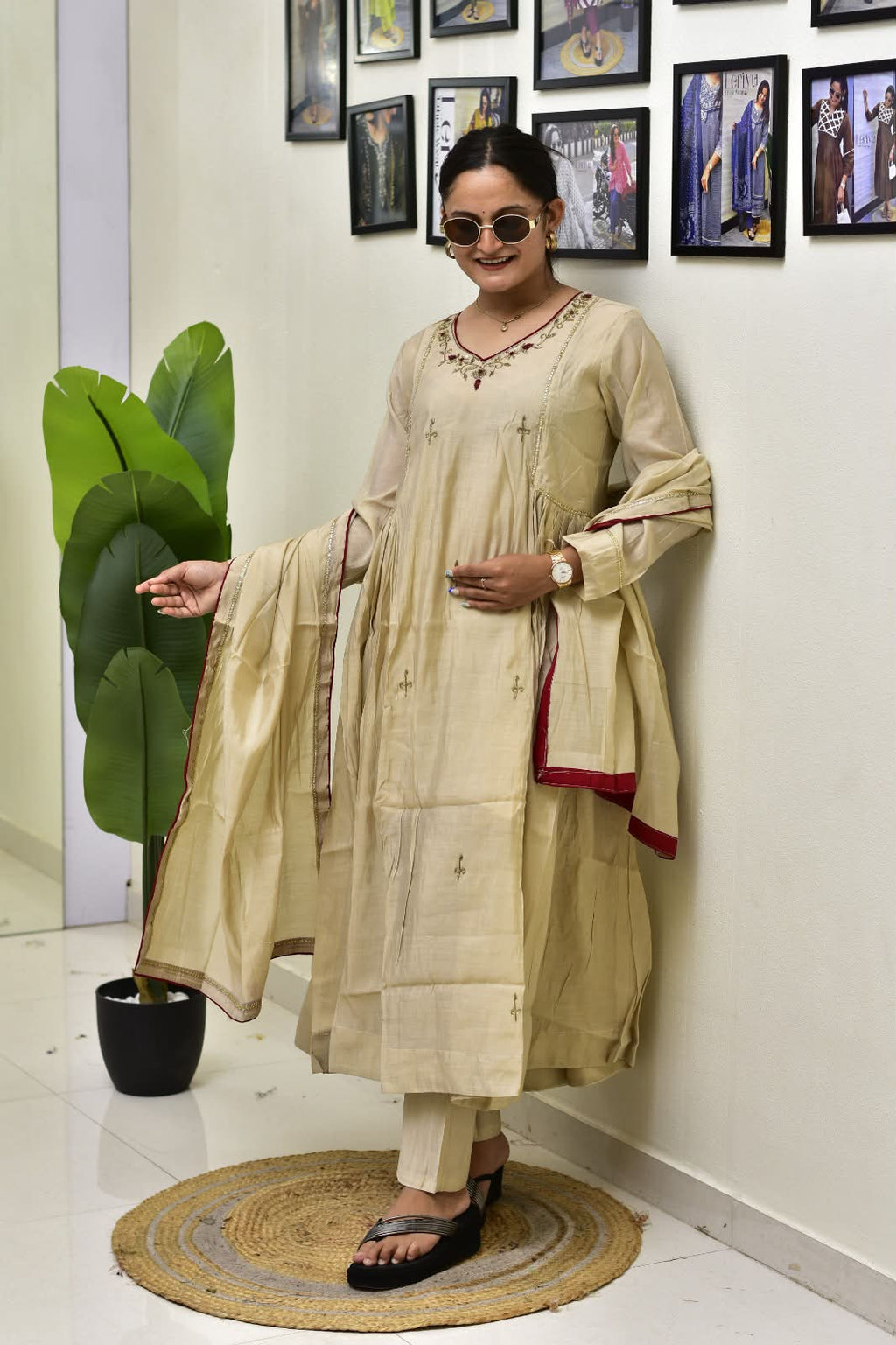Premium Mul Chanderi Anarkali Suit Set for Women | Embroidered Kurta Pant Dupatta Set