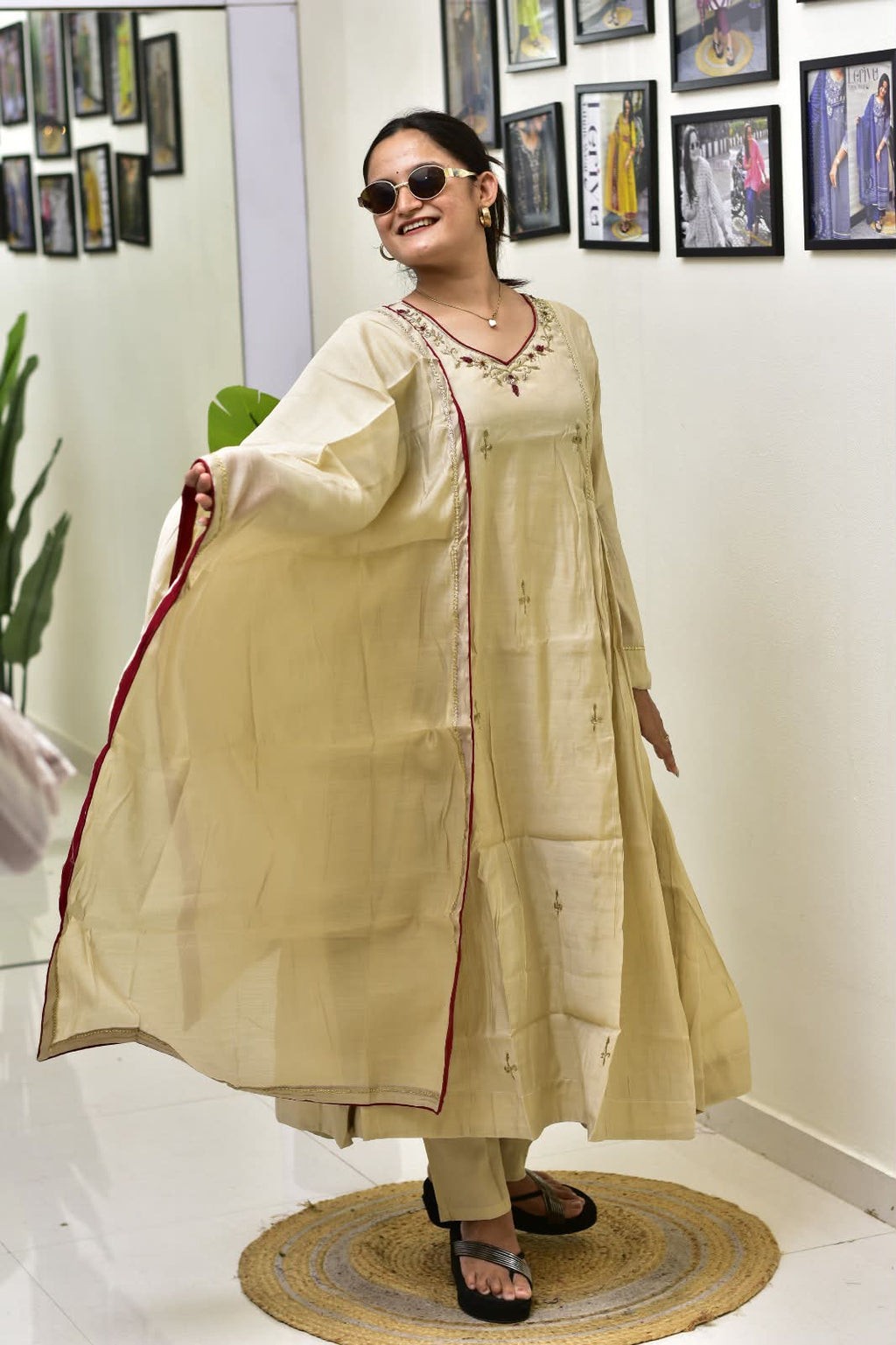 Premium Mul Chanderi Anarkali Suit Set for Women | Embroidered Kurta Pant Dupatta Set