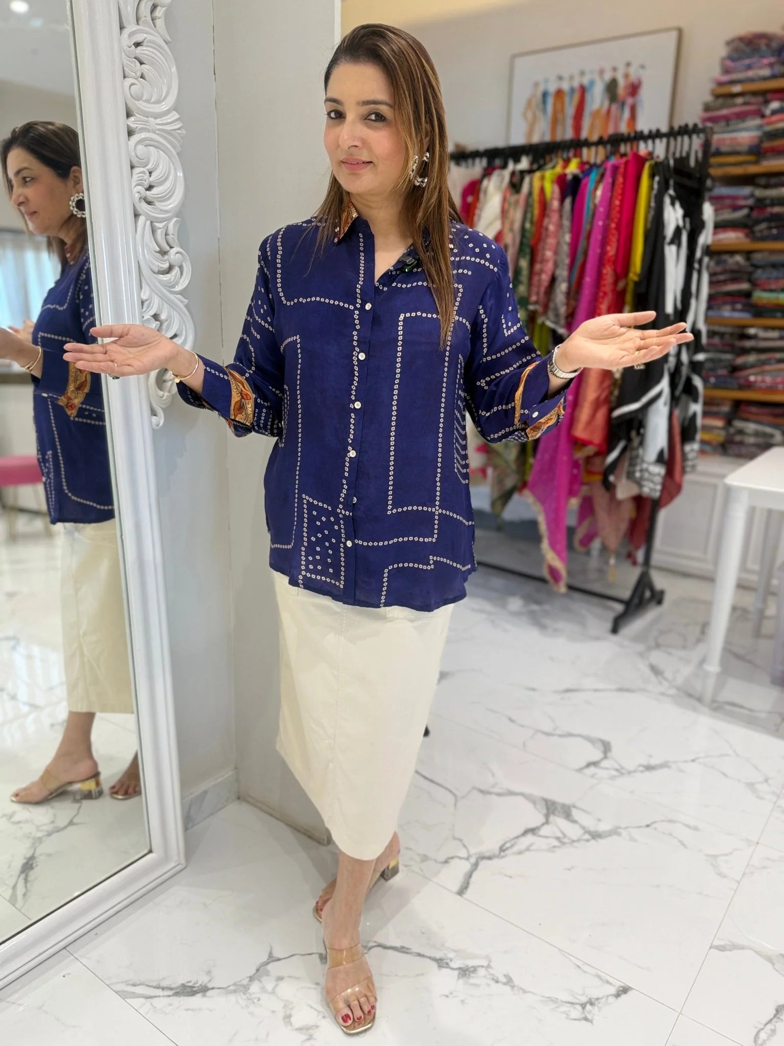 Navy Blue Bandhej and Kalamkari Fusion Crepe Shirt for Women