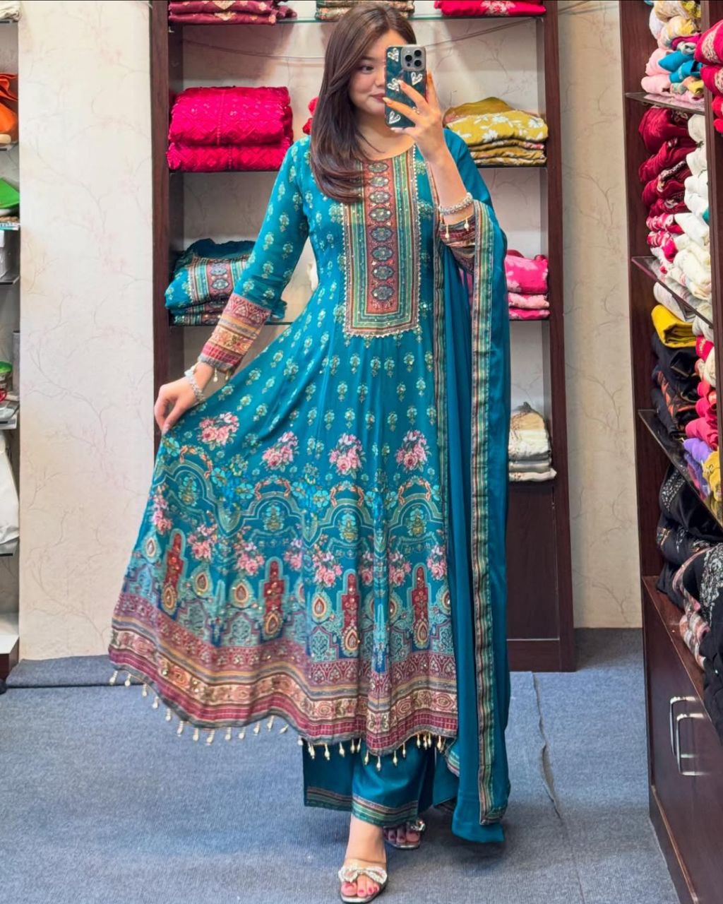 Teal Blue Printed Anarkali Suit for Women with Dupatta | Party Wear Unity Designer