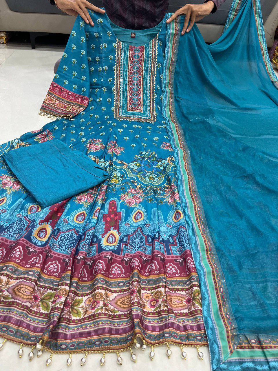 Teal Blue Designer Kurti Pant Dupatta Set for Women | Ethnic Wear Unity Designer