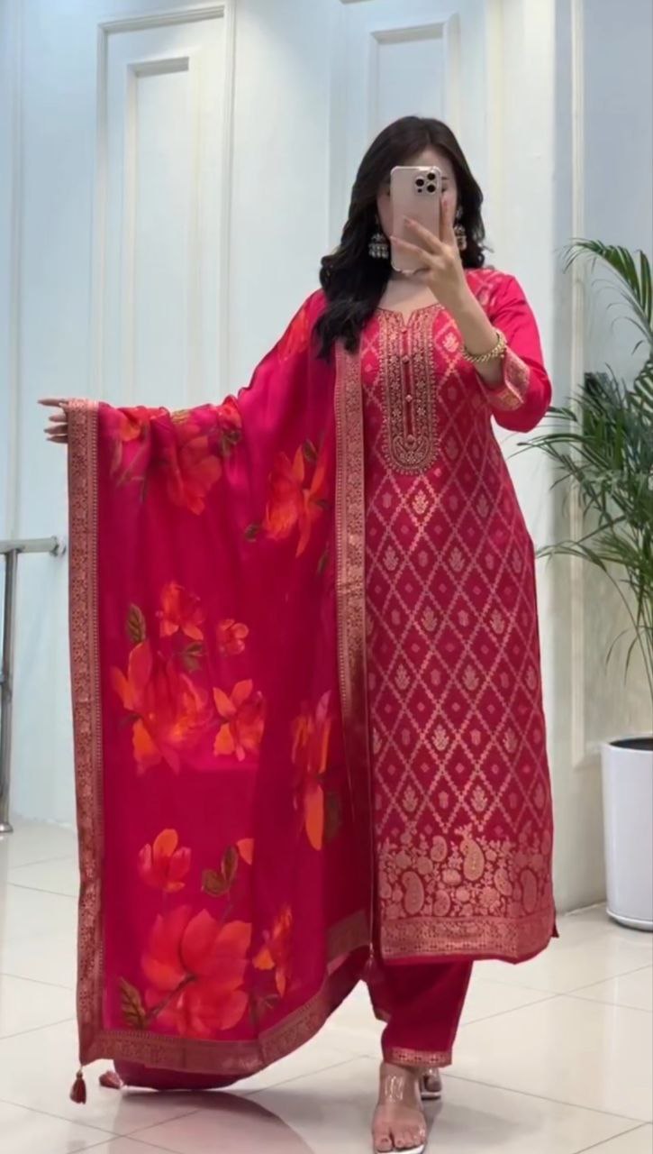 Banarasi Silk Kurti Pant Dupatta Set for Women – Festive Wear Ethnic Suit Set
