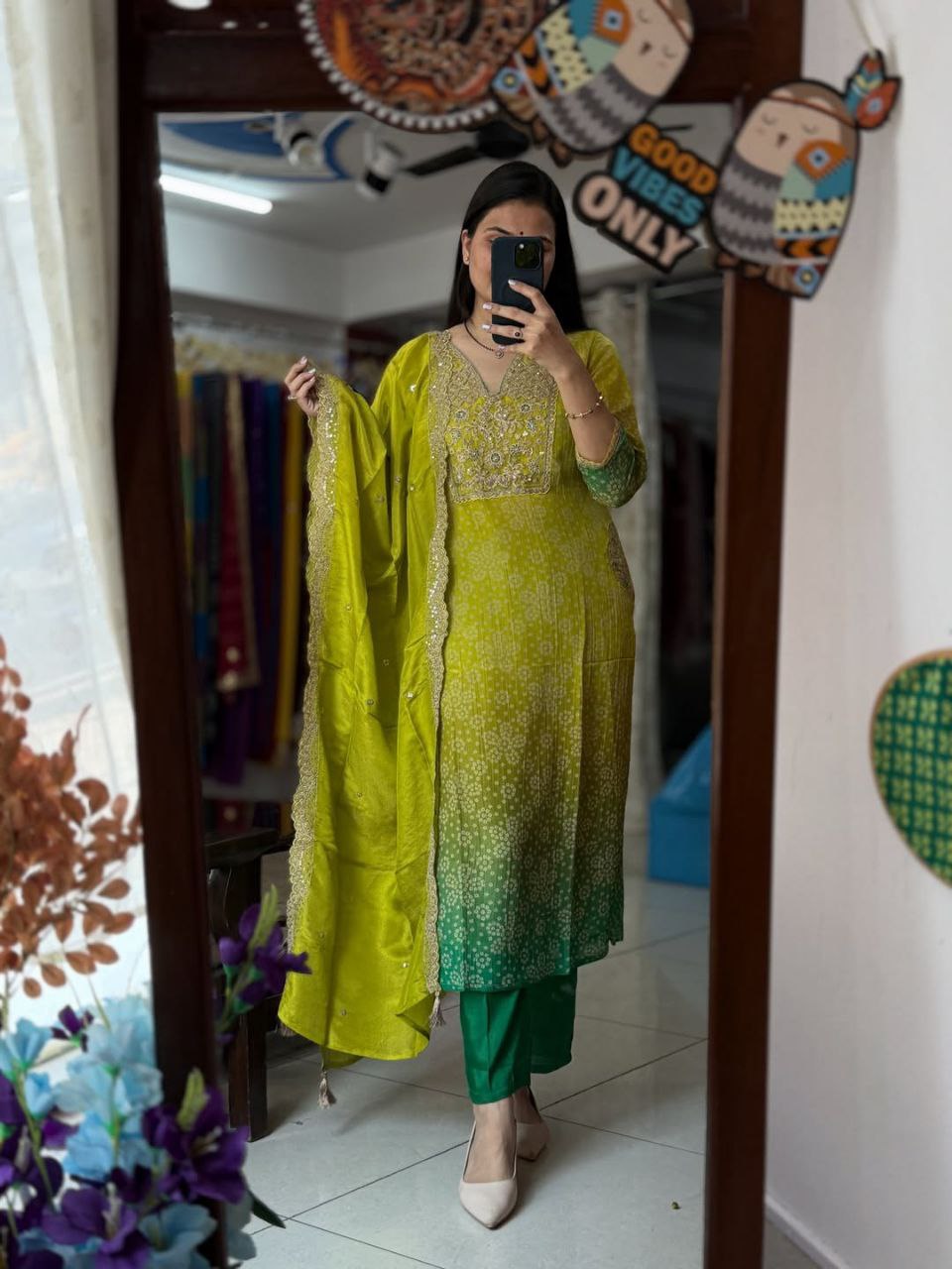 Pista Green Russian Silk Kurti Pant Dupatta Set for Women | Festive Ethnic Suit Set