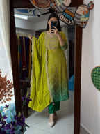 Pista Green Russian Silk Kurti Pant Dupatta Set for Women | Festive Ethnic Suit Set