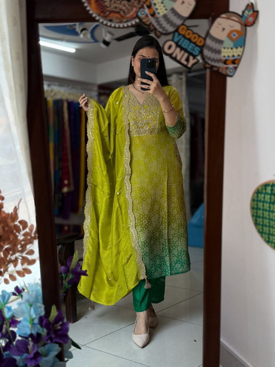 Pista Green Russian Silk Kurti Pant Dupatta Set for Women | Festive Ethnic Suit Set