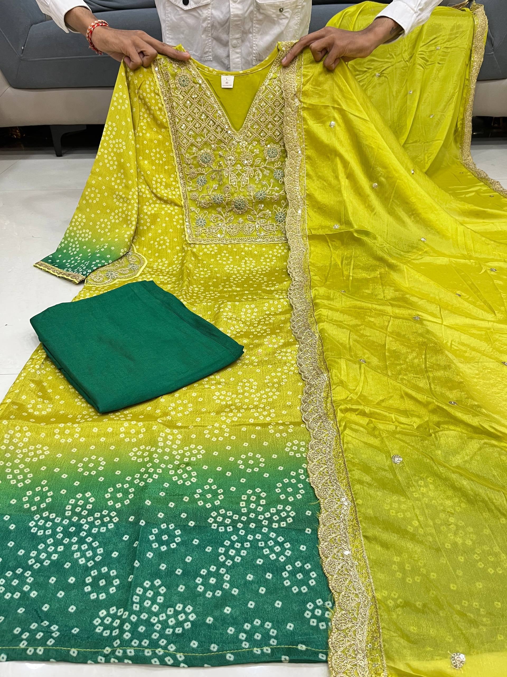 Pista Green Russian Silk Kurti Pant Dupatta Set for Women | Festive Ethnic Suit Set