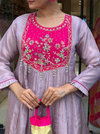 Lavender Anarkali Kurti Set for Women with Embroidered Yoke