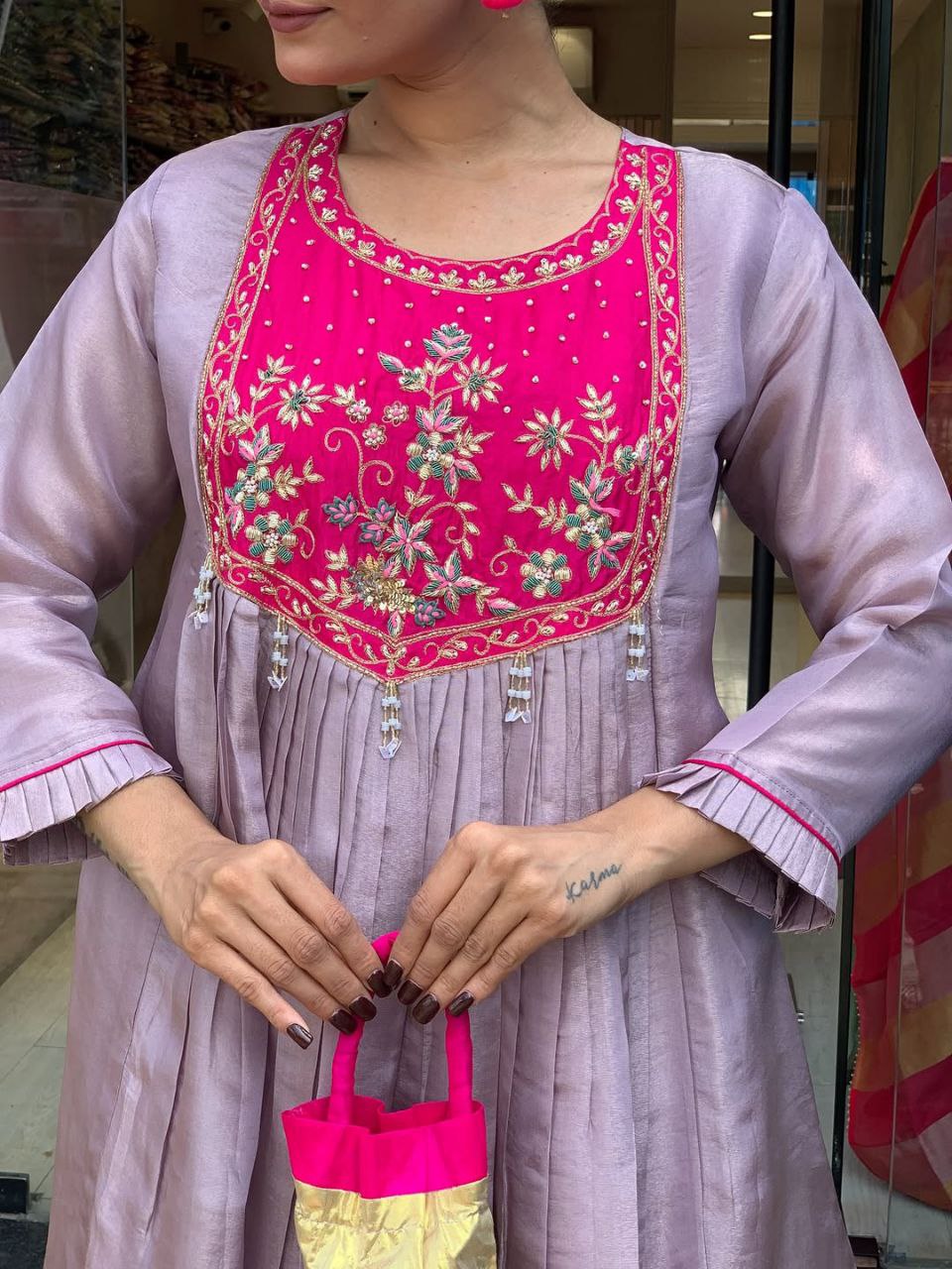 Lavender Anarkali Kurti Set for Women with Embroidered Yoke