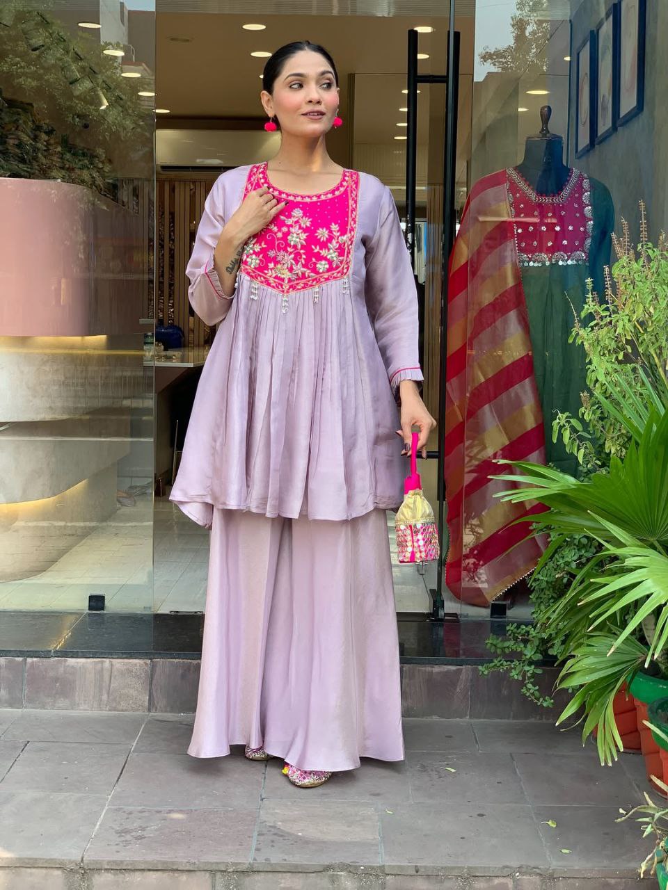 Lavender Anarkali Kurti Set for Women with Embroidered Yoke