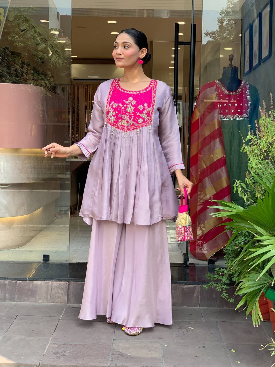 Lavender Anarkali Kurti Set for Women with Embroidered Yoke
