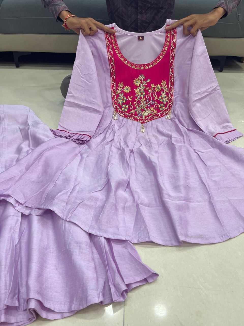 Lavender Anarkali Kurti Set for Women with Embroidered Yoke