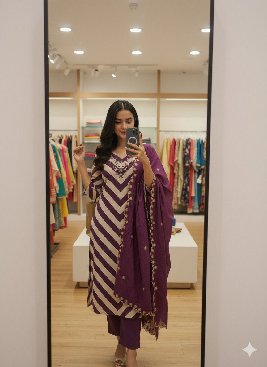 Designer Chanderi Kurti Pant Dupatta Set for Women | Handwork Ethnic Suit Set