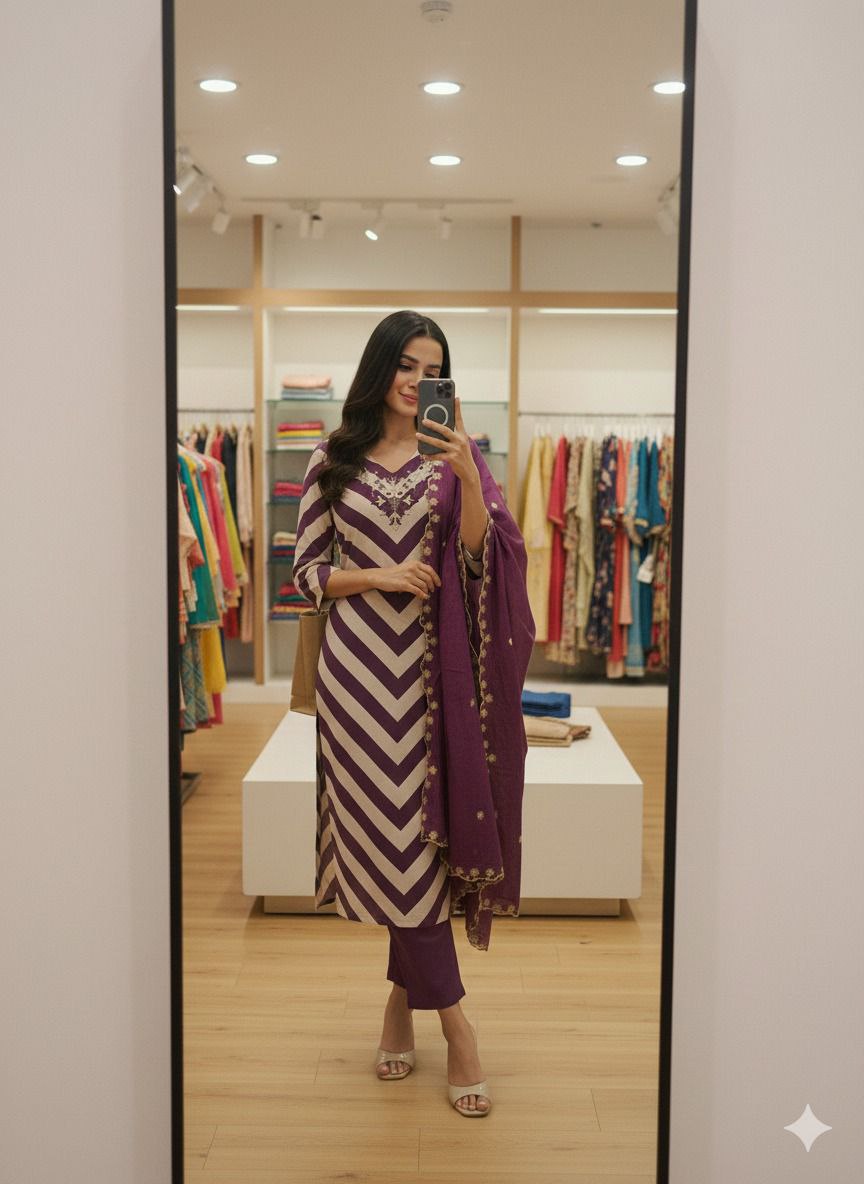 Designer Chanderi Kurti Pant Dupatta Set for Women | Handwork Ethnic Suit Set