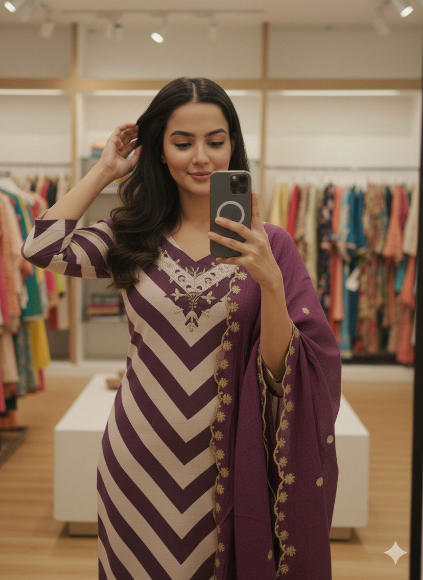 Designer Chanderi Kurti Pant Dupatta Set for Women | Handwork Ethnic Suit Set