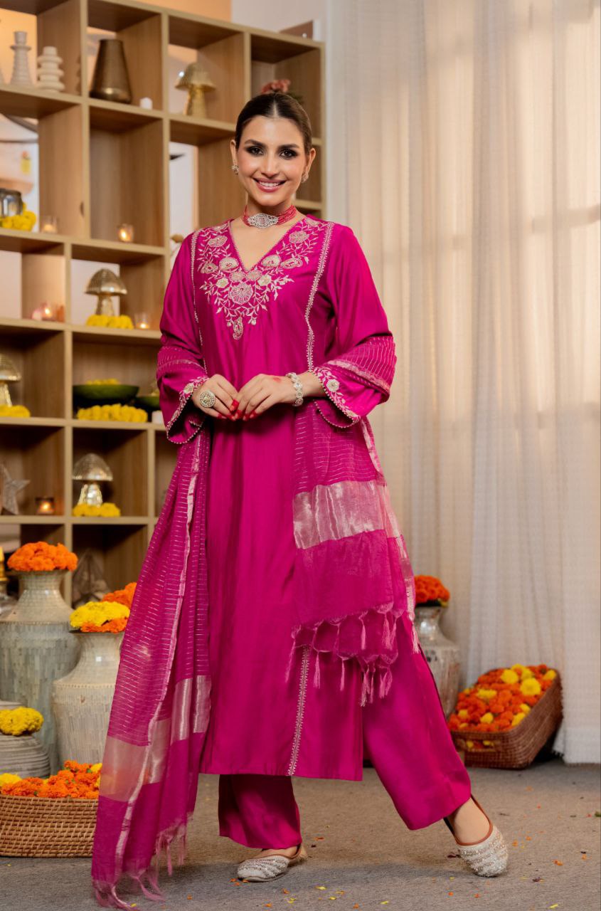 Pure Satori Silk Kurti Set for Women with Banarasi Dupatta | Embroidered Festive Suit Set